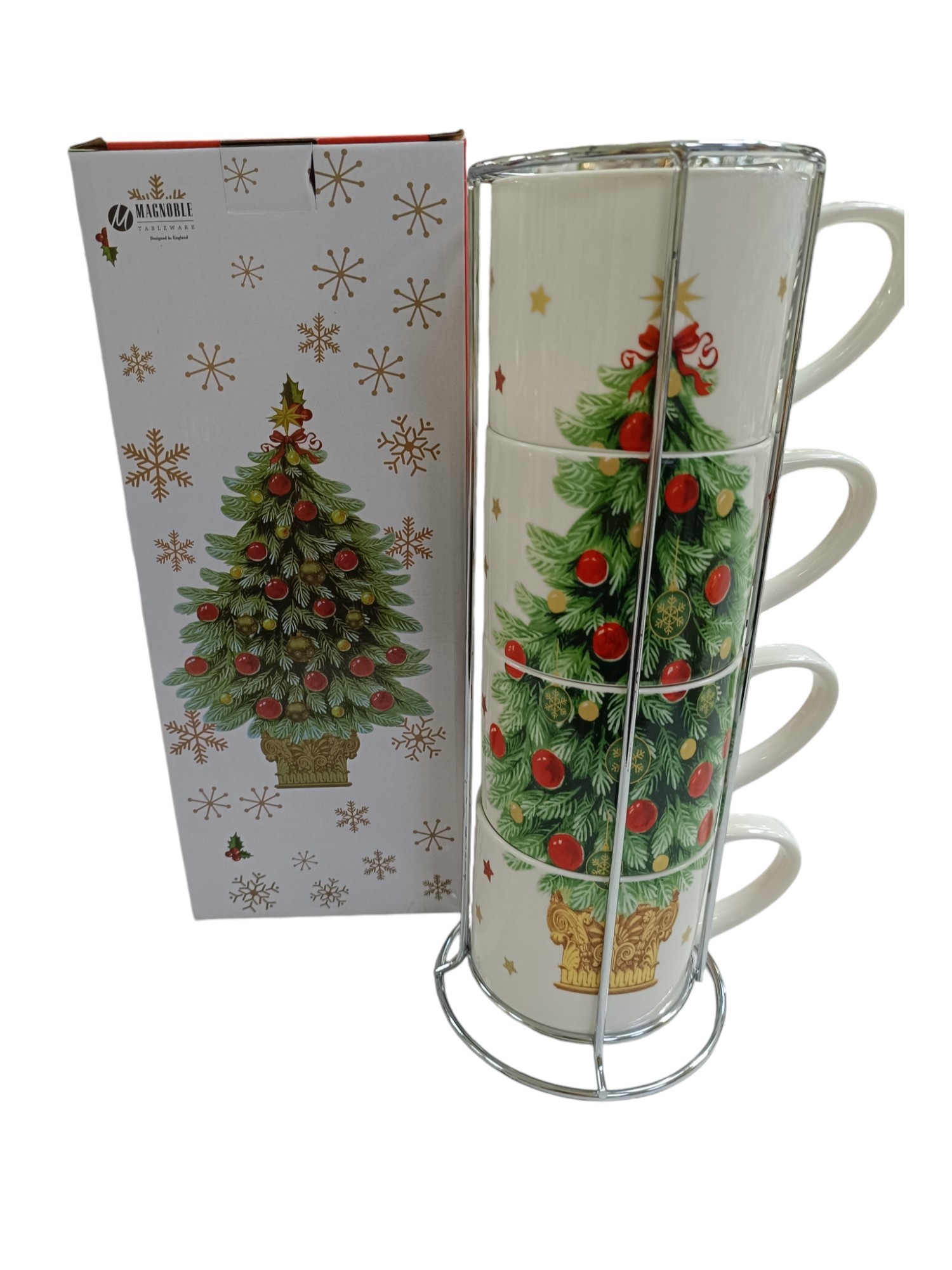 Komplet 4 kubków w stojaku choinka 330 ml