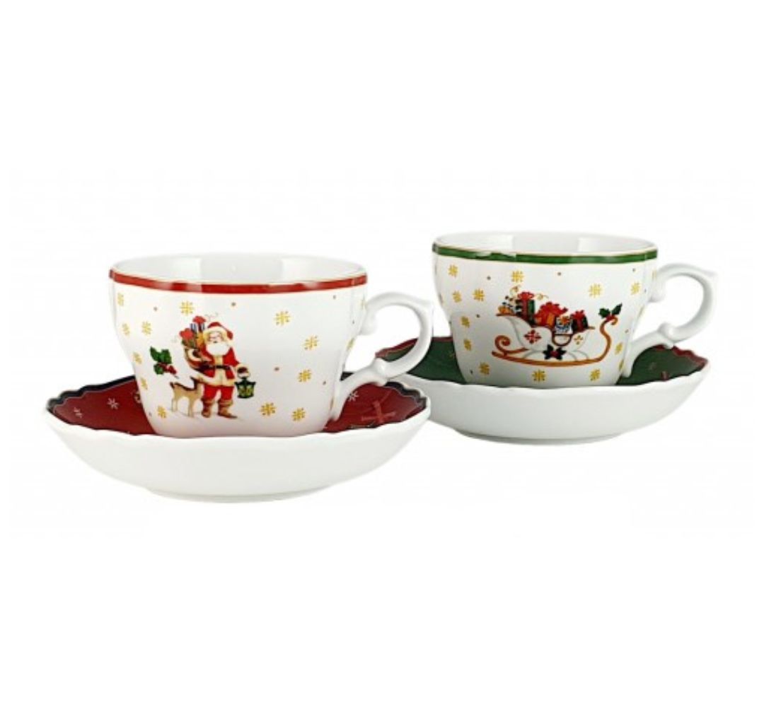 Komplet 2 filiżanek ze spodkami 250 ml Bogucice - Cicha Noc Czerwone Zielone