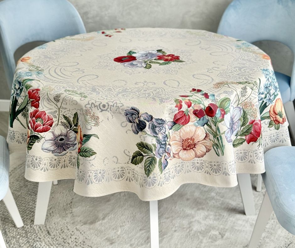 Obrus okrągły gobelinowy kwiaty średnica 160 cm - Marco Polo