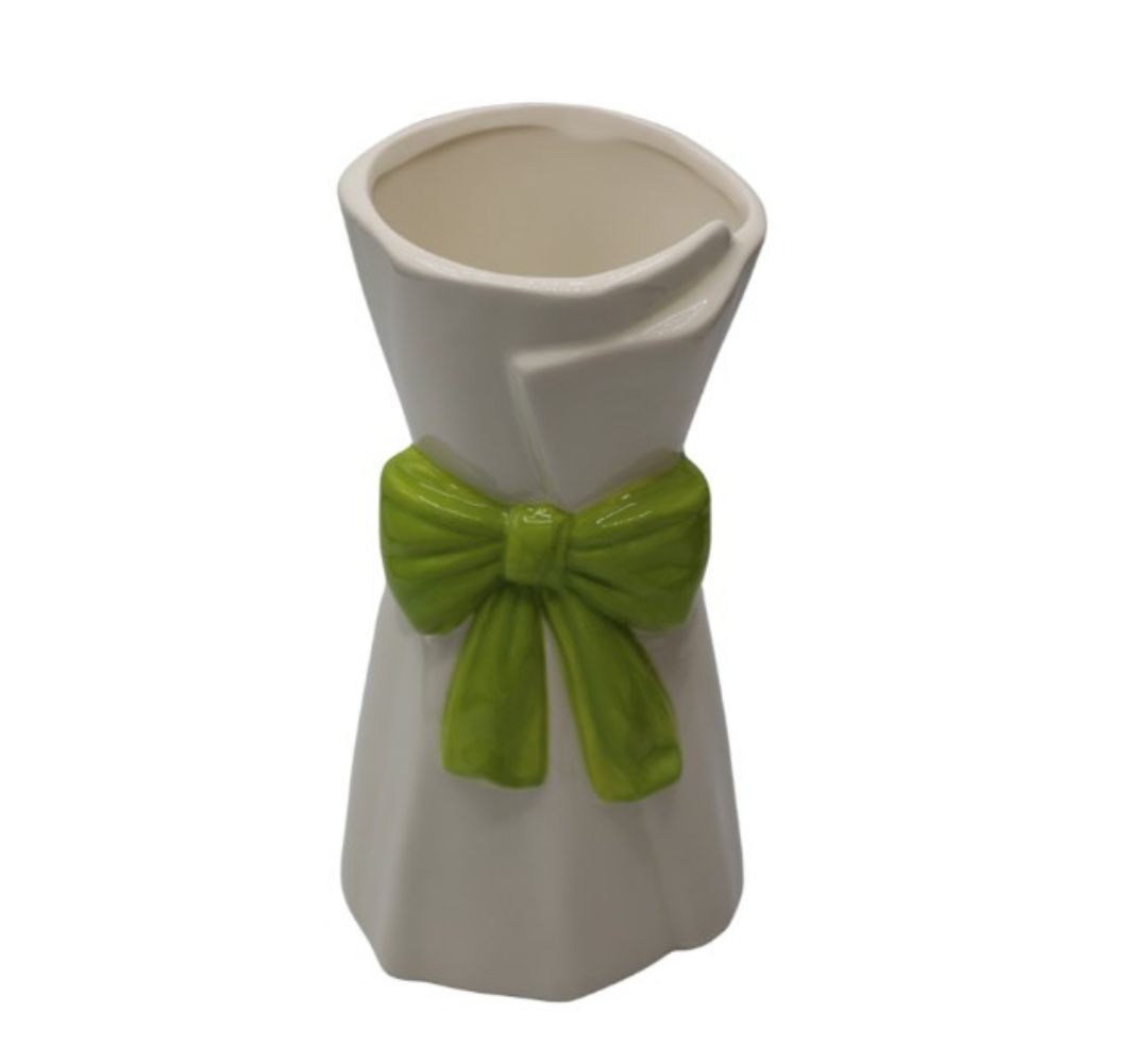Wazon ceramiczny biały z zieloną kokardą 21 cm - Ewax
