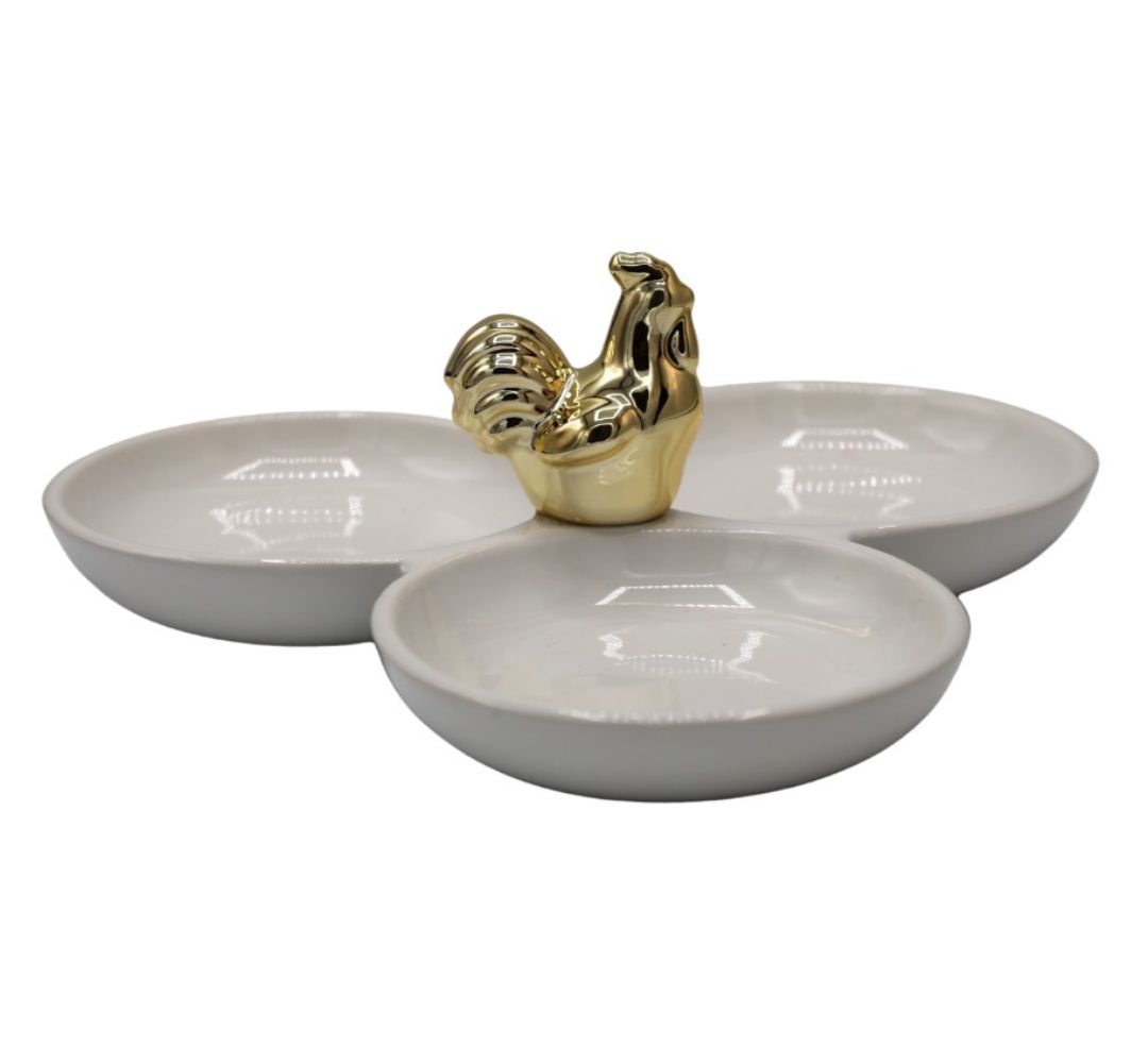Talerz na jajka biały ze złotą kurką - Ewax