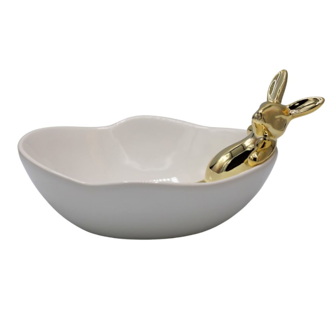 Miseczka biała ze złotym królikiem leżącym - Ewax