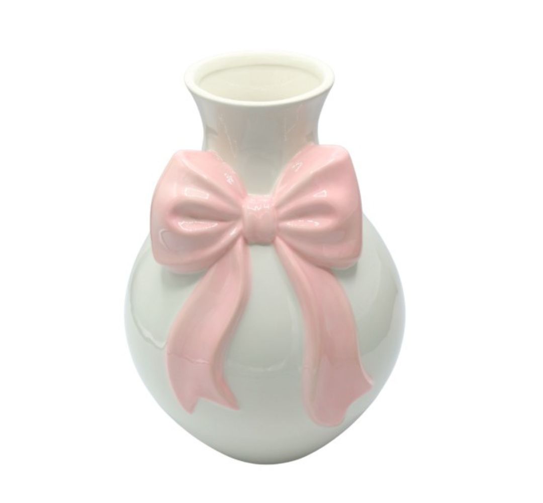 Wazon ceramiczny biały z różową kokardą 24 cm - Ewax