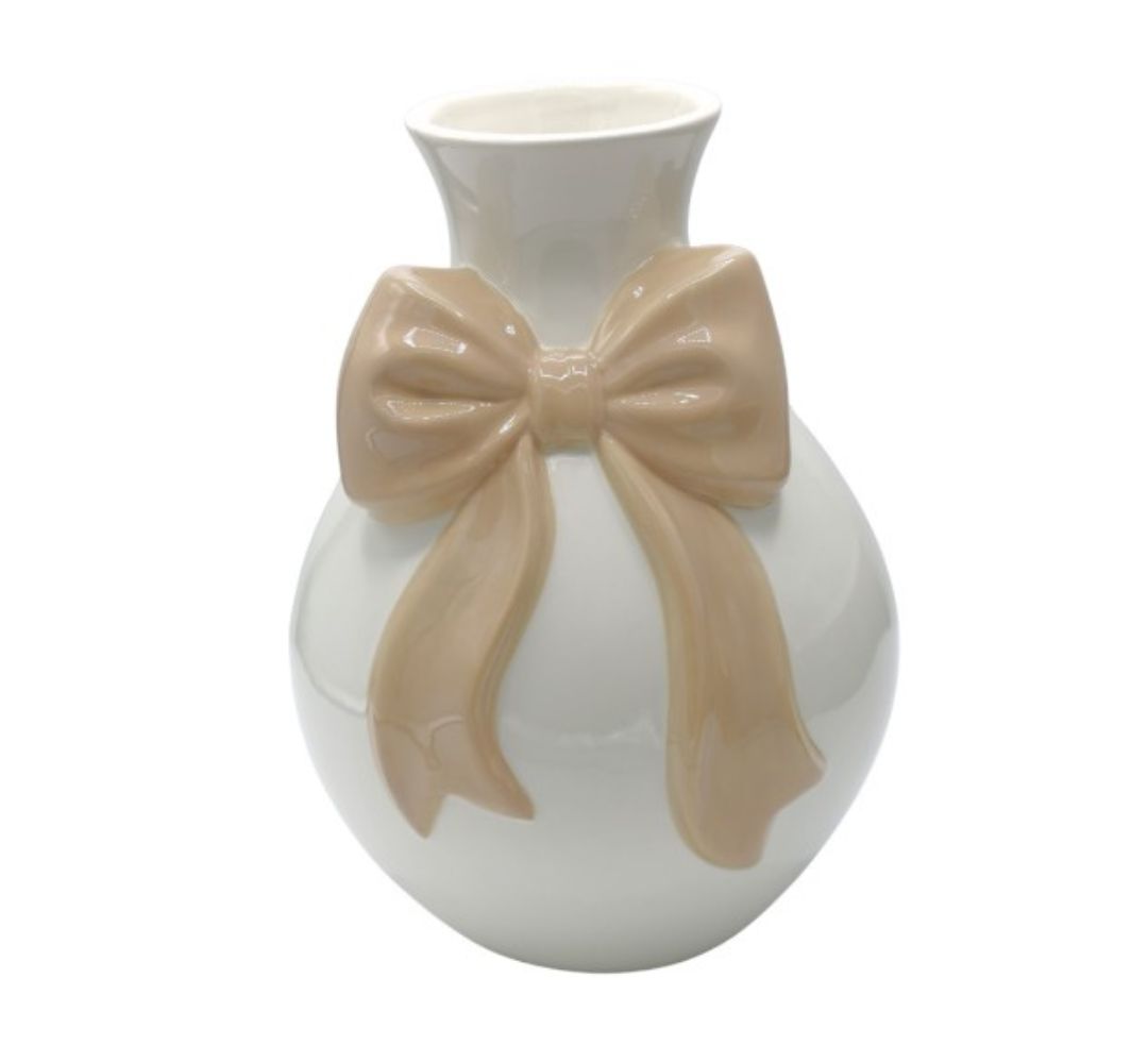 Wazon ceramiczny biały z beżową kokardą 24 cm - Ewax