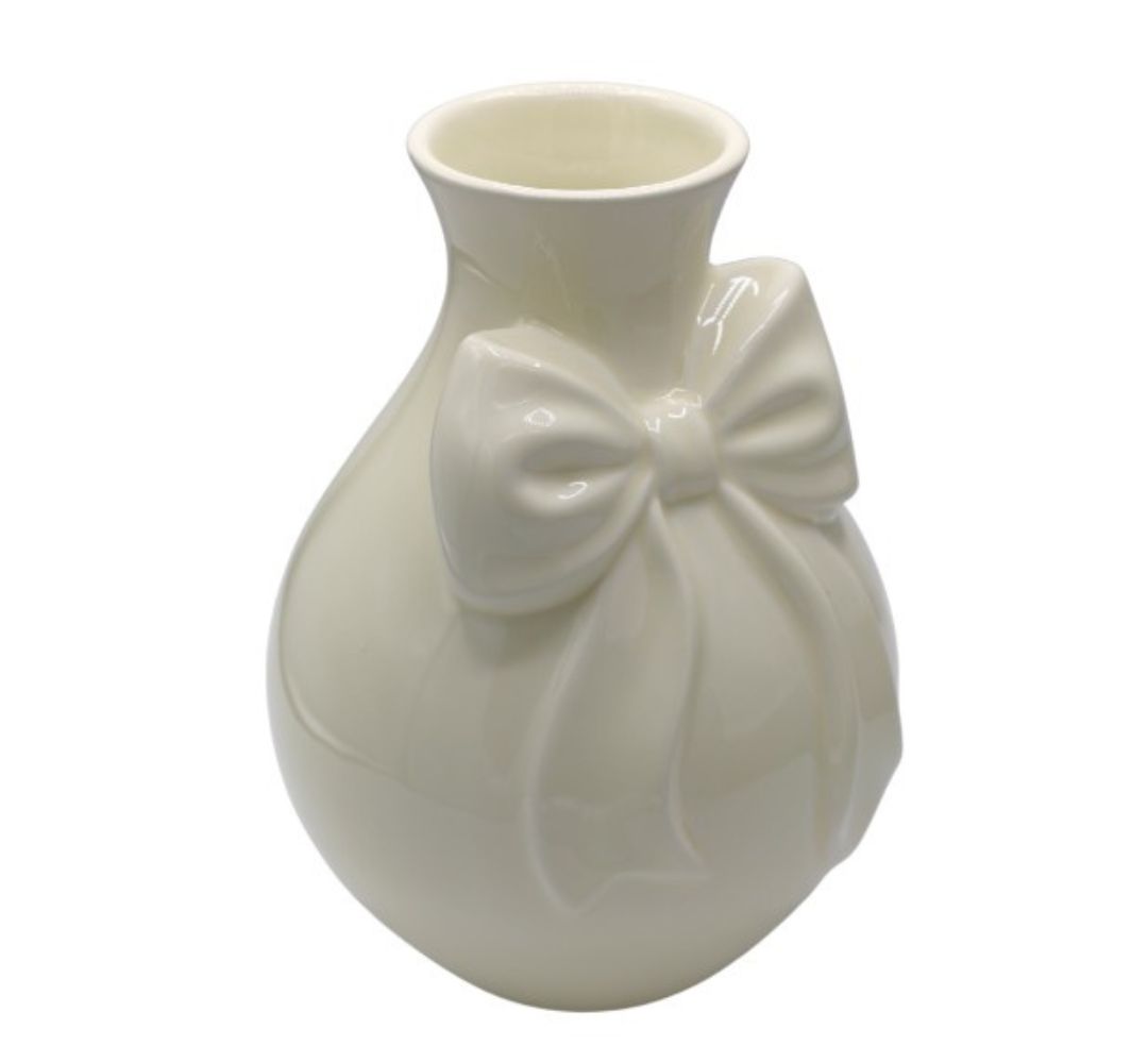 Wazon ceramiczny kremowy z beżową kokardą - Ewax