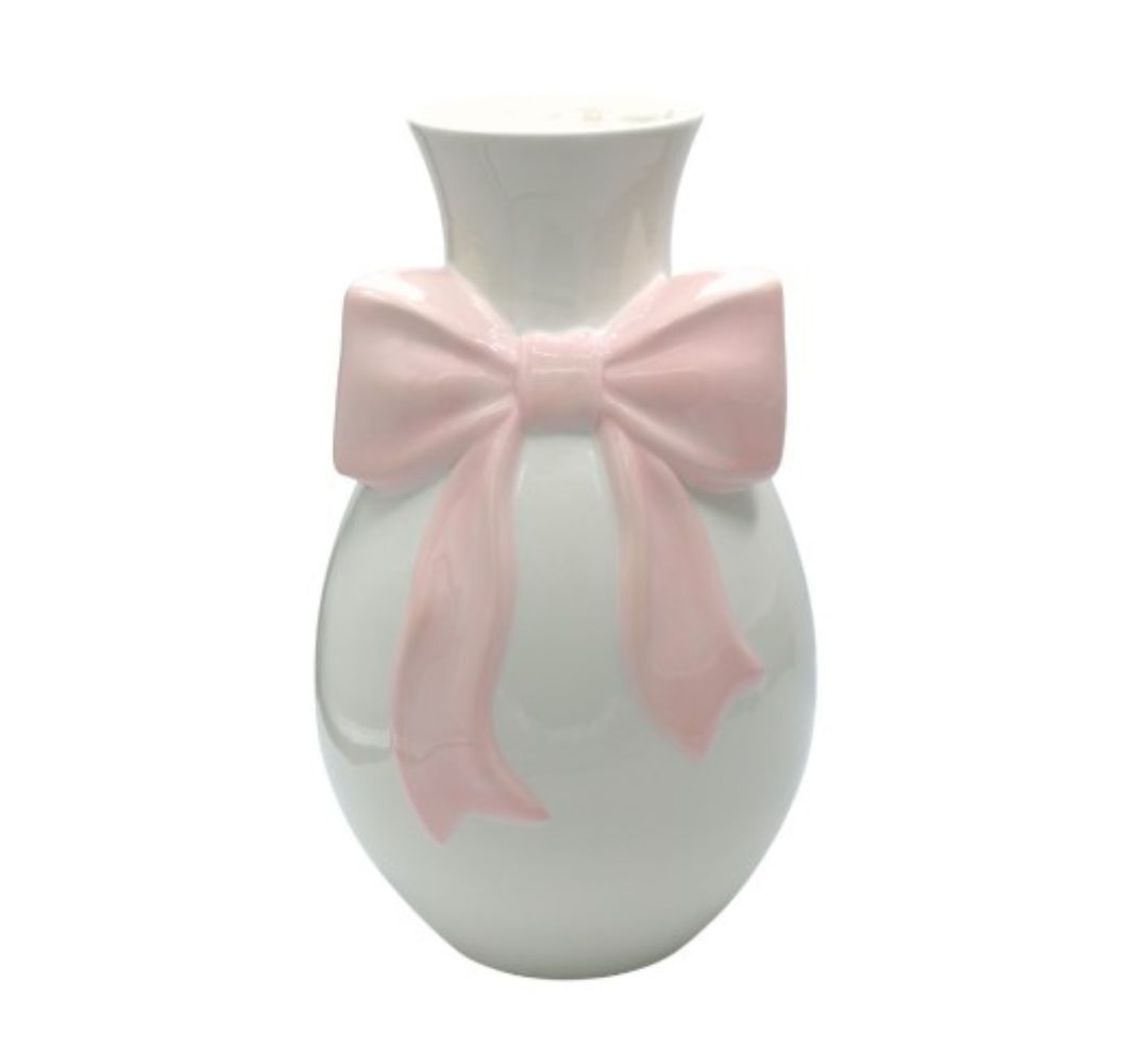 Wazon ceramiczny biały z różową kokardą 29 cm - Ewax