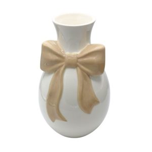 Wazon ceramiczny biały z beżową kokardą 29 cm - Ewax