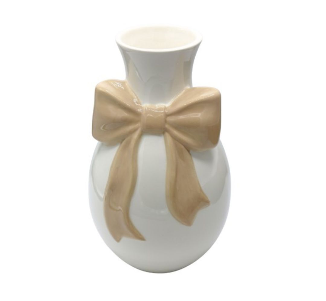 Wazon ceramiczny biały z beżową kokardą 29 cm - Ewax